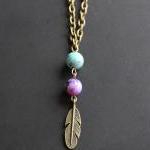 Blue And Purple Brass Feather Necklace